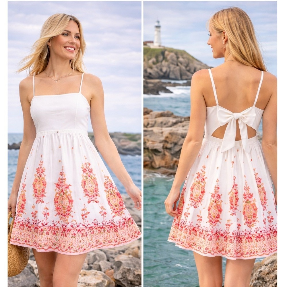 Francesca's White Red Floral Linen Blend Tie Back Mini Dress Large